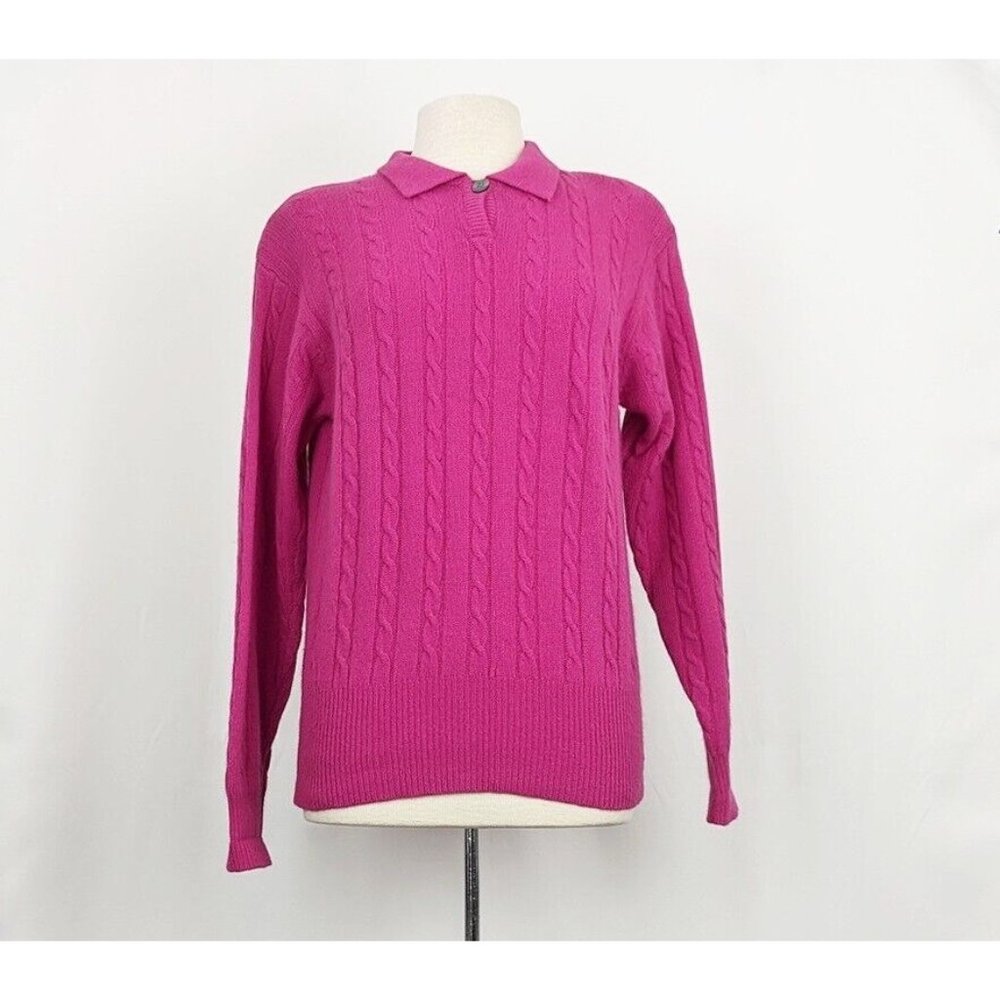 Vintage 90s Sweater Dark Pink Wool Blend Collar Cable Knit Women's Size M